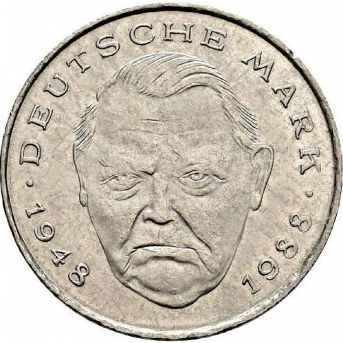 Германия - ФРГ 2 марки 1989 F год Теодор Хойс KM# 170