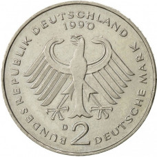 Германия 2 марки 1990 D год Франц Йозеф Штраус KM# 175