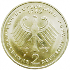 Германия - ФРГ 2 марки 1969 F год Конрад Аденауэр KM# 124