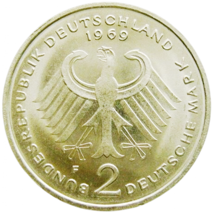 Германия - ФРГ 2 марки 1969 F год Конрад Аденауэр KM# 124