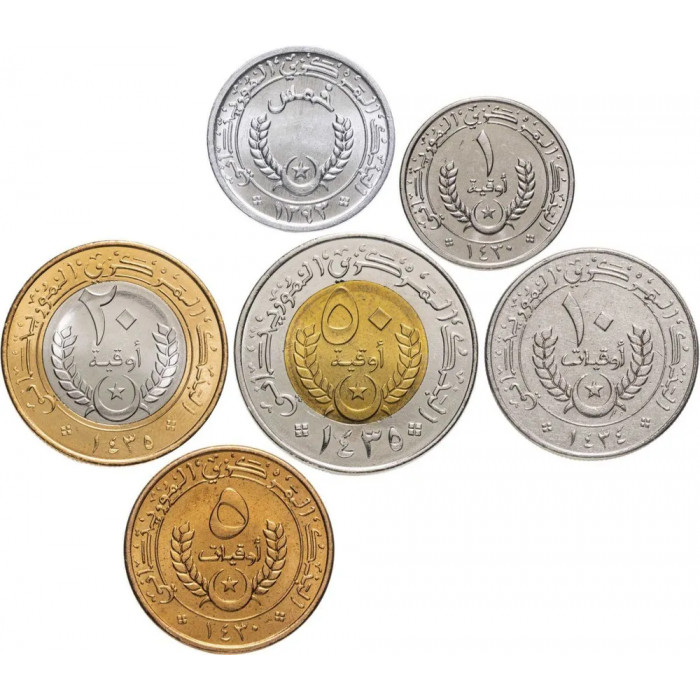 Мавритания 1/5 1 5 10 20 50 угий 1973-2014 год Набор 6 монет