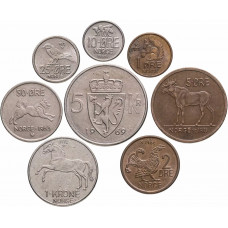 Норвегия 1 2 5 10 25 50 эре 1 5 крон 1958-1973 год Набор из 8 монет