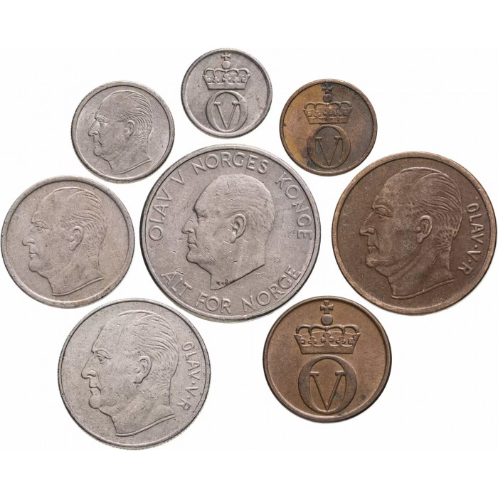 Норвегия 1 2 5 10 25 50 эре 1 5 крон 1958-1973 год Набор из 8 монет