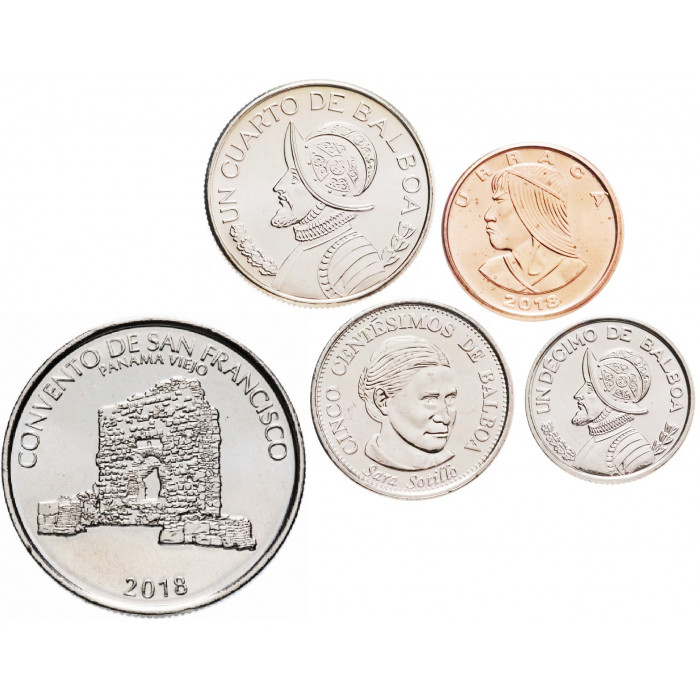 Панама 1 5 сентесимо 1/10 1/4 1/2 бальбоа 1966-2019 год Набор 5 монет