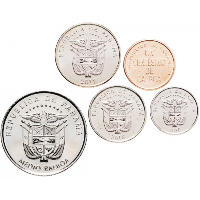 Панама 1 5 сентесимо 1/10 1/4 1/2 бальбоа 1966-2019 год Набор 5 монет