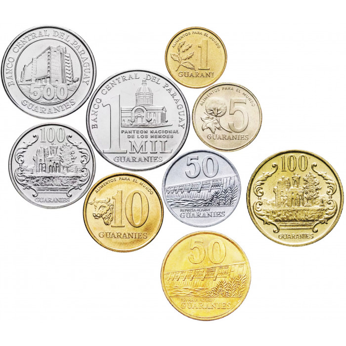 Парагвай 1 5 10 50 100 500 1000 гуарани 1990-2024 год Набор из 9 монет