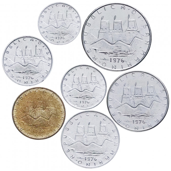 Сан-Марино 1 2 5 10 20 50 100 лир 1976 год Республика Набор из 7 монет