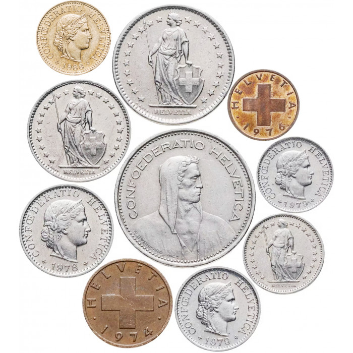 Швейцария 1 2 5 10 20 раппенов 1/2 1 2 5 франков 1879-2025 год Набор из 10 монет
