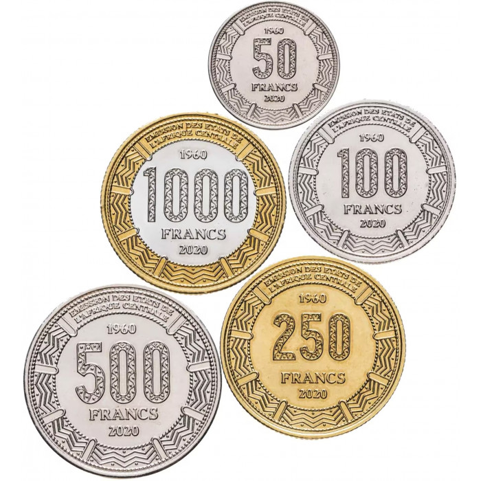 Центральноафриканская Республика 50 100 250 500 1000 франков 2020 год UNC 60 лет независимости Набор 5 монет