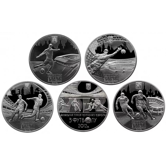 Украина 5 гривен 2011 год  Финальный турнир чемпионата Европы по футболу 2012 Набор 5 монет BUNC KM# 647-651