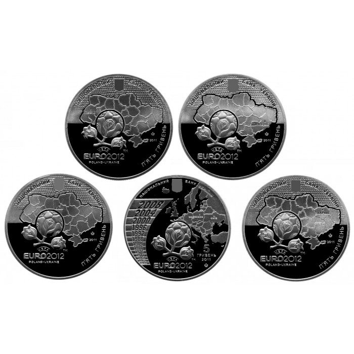 Украина 5 гривен 2011 год  Финальный турнир чемпионата Европы по футболу 2012 Набор 5 монет BUNC KM# 647-651
