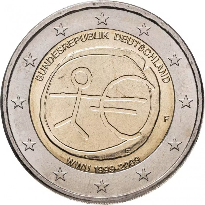 Германия 2 евро 2009 год UNC KM# 277 10 лет монетарной политики ЕС (EMU) и введения евро