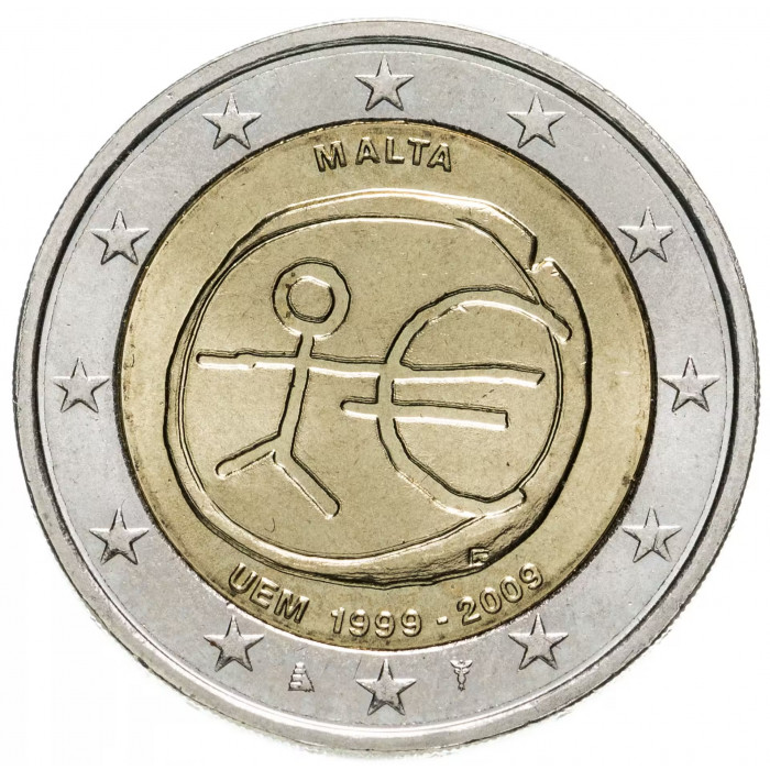 Мальта 2 евро 2009 год UNC KM# 134 10 лет монетарной политики ЕС (EMU) и введения евро