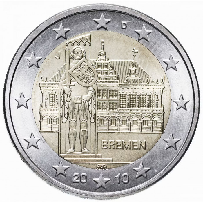 Германия 2 евро 2010 год Городская ратуша и Роланд, Бремен UNC KM# 285