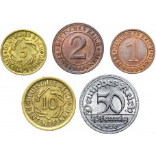 Германия 1 5 рейхспфеннигов 2 10 рентенпфеннигов 50 пфеннигов 1919-1938 год Набор 5 монет