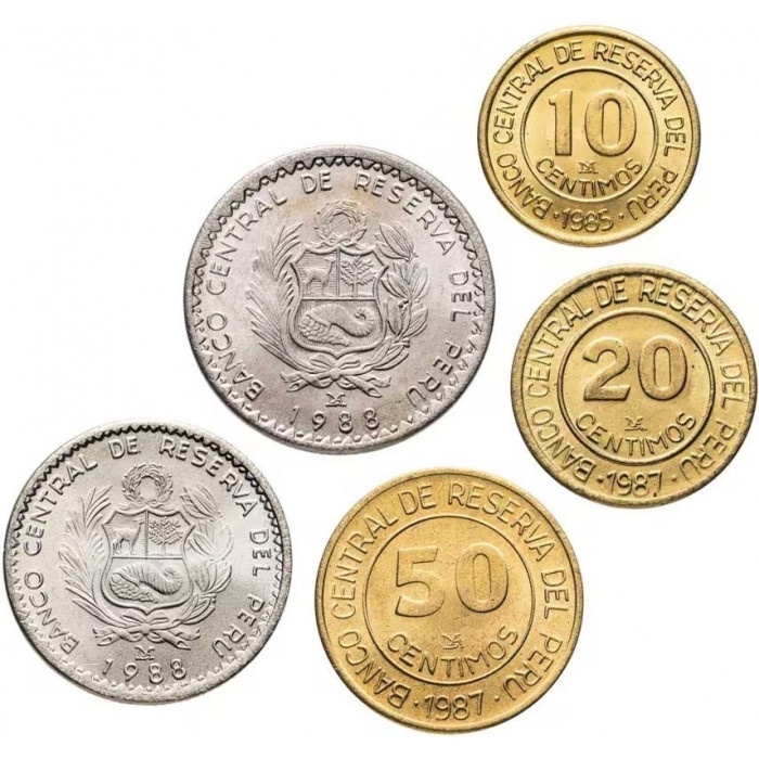 Перу 10 20 50 сентимо 1 5 инти 1985-1988 год Набор 5 монет