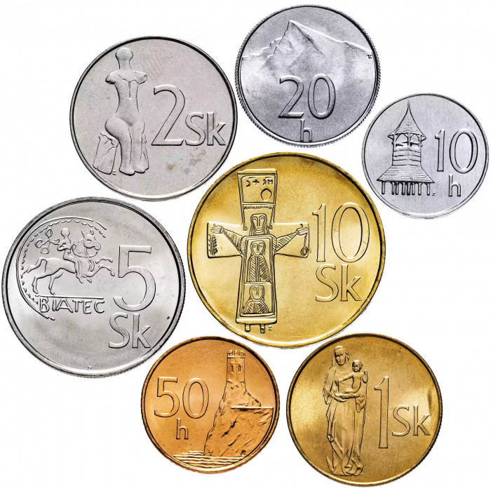 Словакия 10 20 50 геллеров 1 2 5 10 крон 1993-2008 год Набор 7 монет