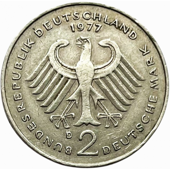 Германия - ФРГ 2 марки 1977 D год Теодор Хойс KM# A127