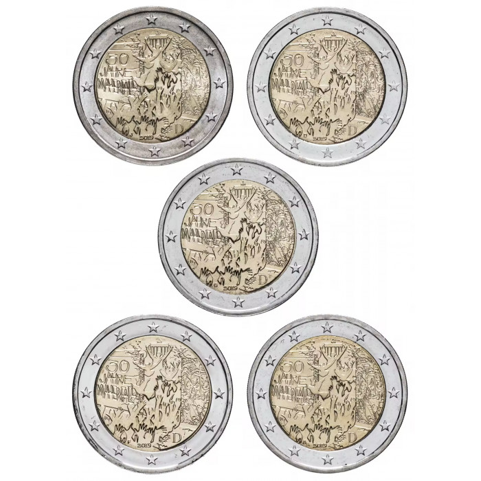 Германия 2 евро 2019 ADFGJ год 30 лет падению Берлинской стены Набор 5 монет UNC UC# 101