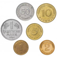 Германия - ФРГ 1 2 5 10 50 пфеннигов 1 марка 1948-2001 год Набор из 6 монет