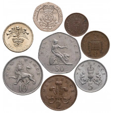 Великобритания 1/2 1 2 5 10 20 50 новых пенсов 1 фунт 1968-1984 год Набор из 8 монет