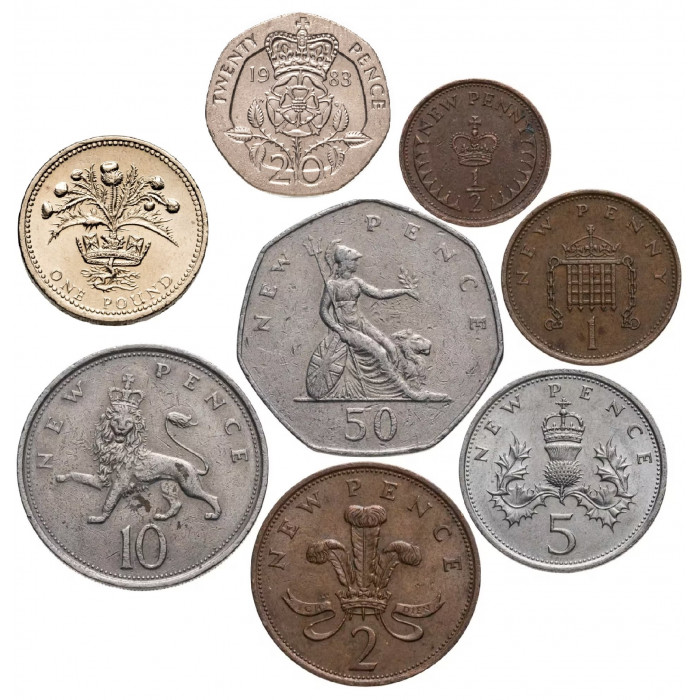Великобритания 1/2 1 2 5 10 20 50 новых пенсов 1 фунт 1968-1984 год Набор из 8 монет