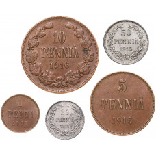 Финляндия 1 5 10 25 50 пенни 1872-1917 год Набор из 5 монет