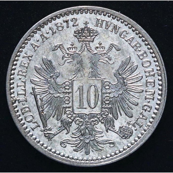 Австрия 10 Крейцеров 1872 год KM# 2206 Серебро 400 Франц Иосиф I 
