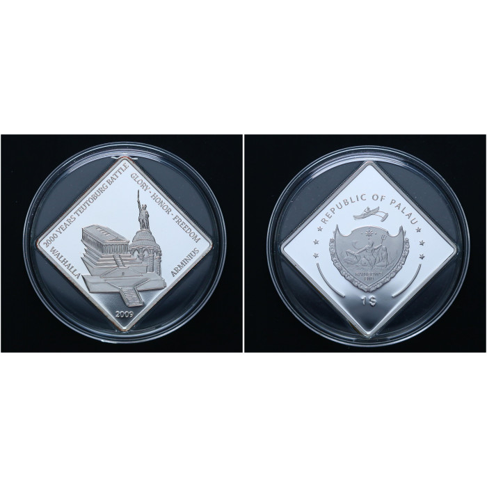 Палау 1 Доллар 2009 год Парфенон. Вальхалла. Памятник Арминию 2000 лет Битве в Тевтобургском лесу Серебрение Пруф /  Proof