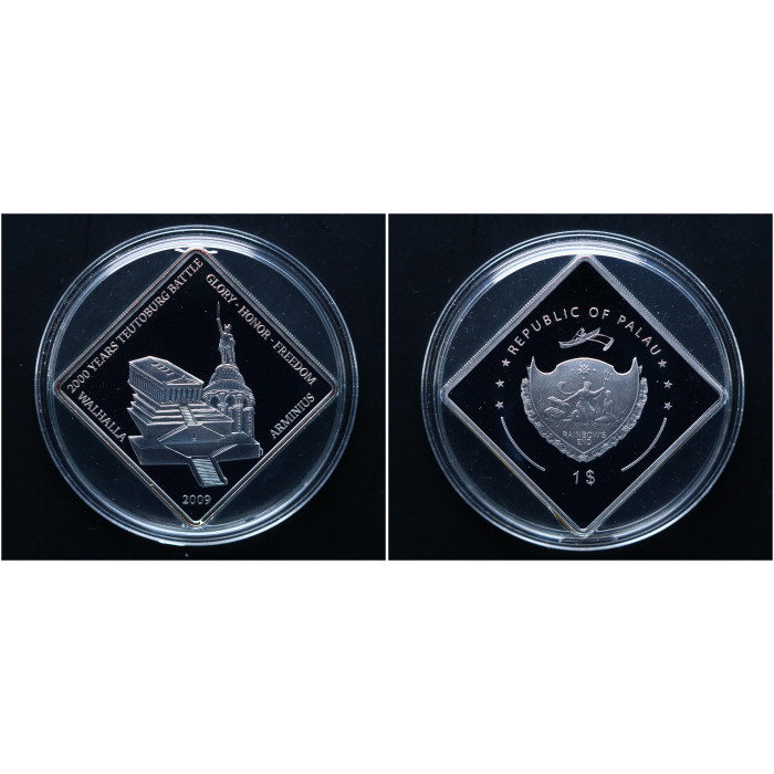 Палау 1 Доллар 2009 год Парфенон. Вальхалла. Памятник Арминию 2000 лет Битве в Тевтобургском лесу Серебрение Пруф /  Proof