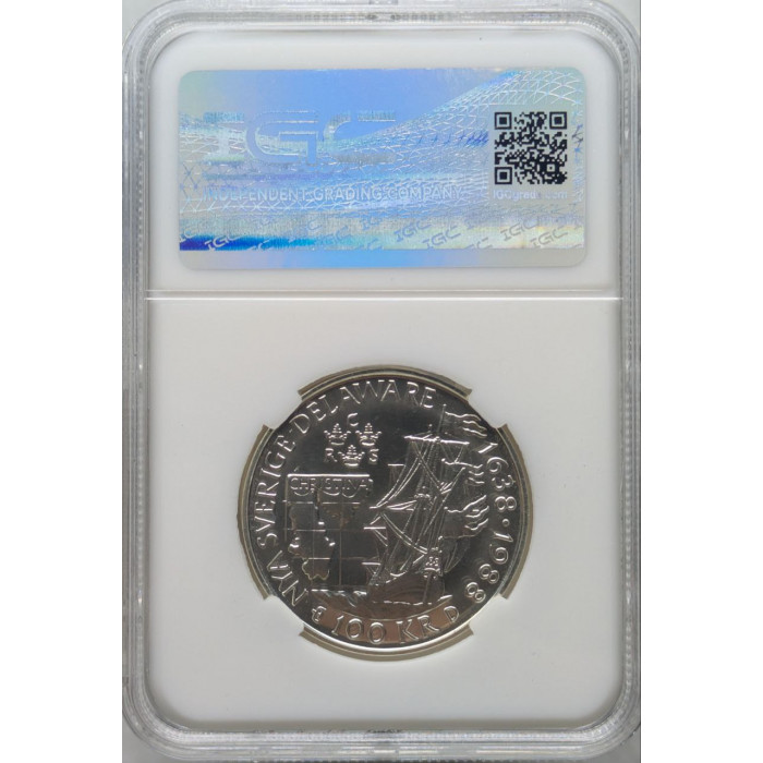 Швеция 100 Крон 1988 год. "350 лет Шведской колонии в Делавере"; Слаб IGC-MS68, ag