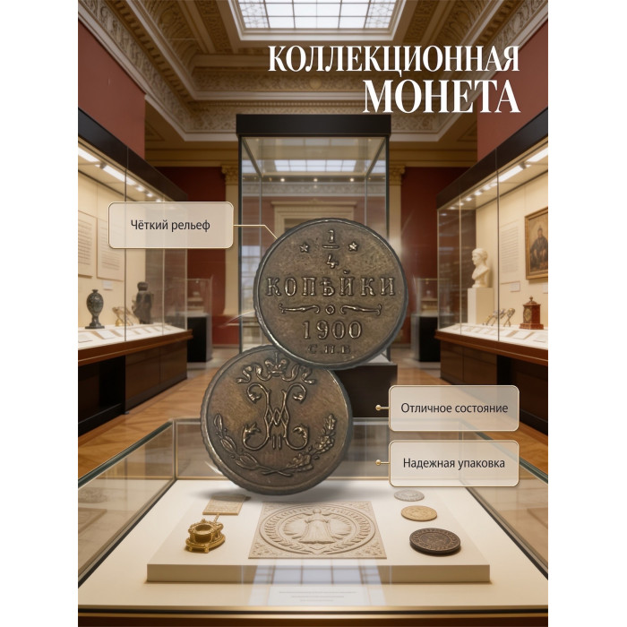 Россия 1/4 Копейки 1900 СПБ год. Николай II. Сувенирная монета (BOX592) 
