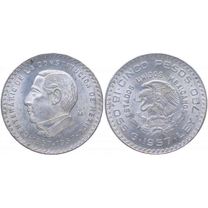 Мексика 5 Песо 1957 Mo год Серебро UNC KM# 470 100 лет Конституции