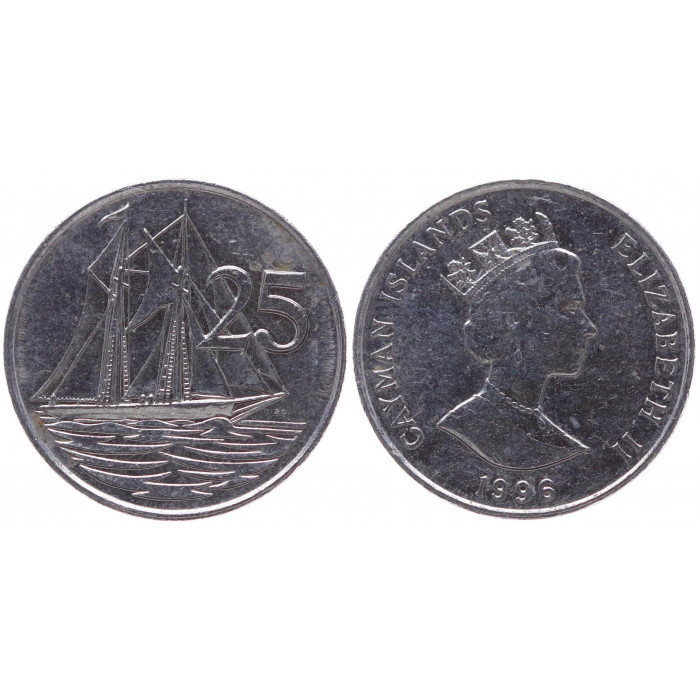 Каймановы Острова 25 Центов 1996 год XF KM# 90a Двухмачтовая Каймановая шхуна