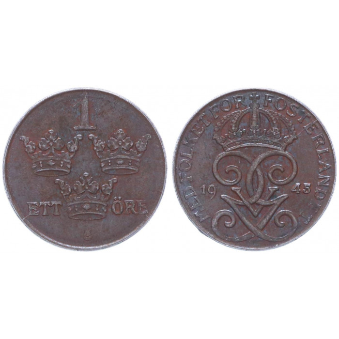 Швеция 1 Эре 1945 год XF KM# 810 Густав V