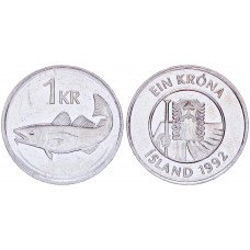 Исландия 1 Крона 1992 год AUNC KM# 27a Рыба Треска