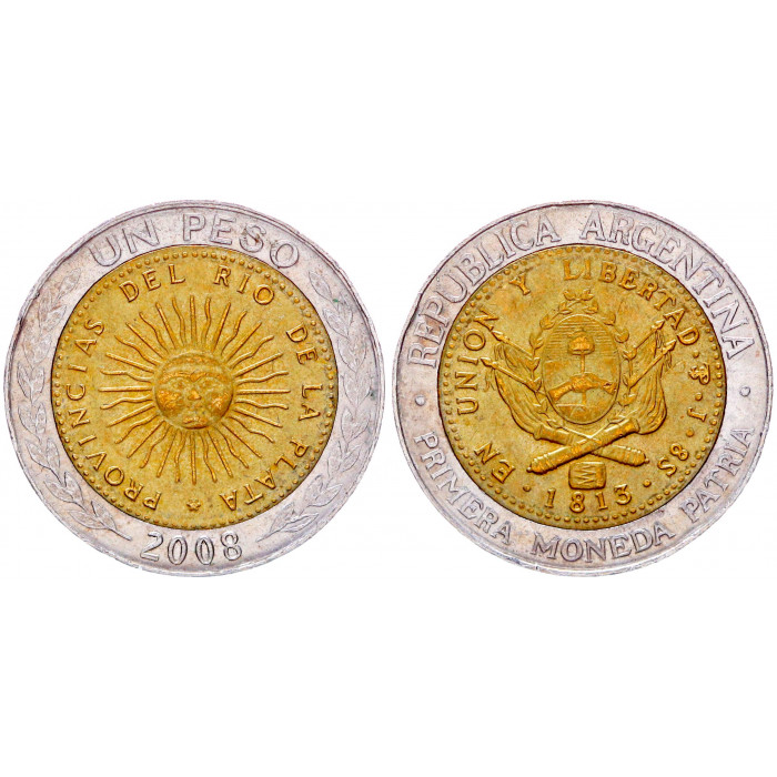 Аргентина 1 Песо 2008 год XF KM# 112.1 Майское солнце Биметалл