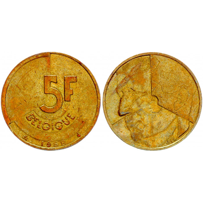 Бельгия 5 Франков 1988 год XF КМ# 163 BELGIQUE Бодуэн I