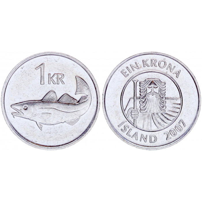 Исландия 1 Крона 2007 год XF+ KM# 27a Рыба Треска (BOX739)