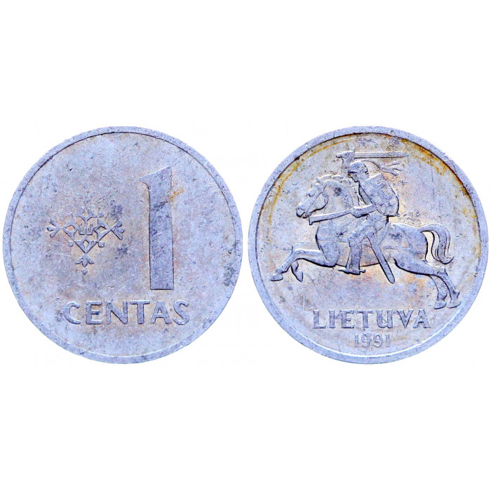 Литва 1 Цент 1991 год KM# 85 Всадник