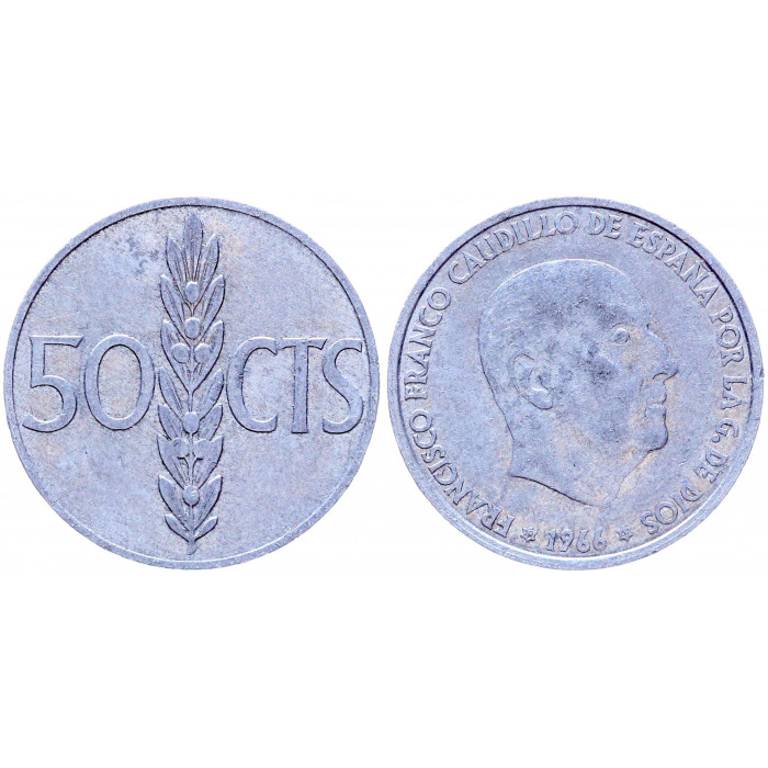 Испания 50 Сентимо 1966 (1967) год KM# 795 Оливковая ветвь Франсиско Франко