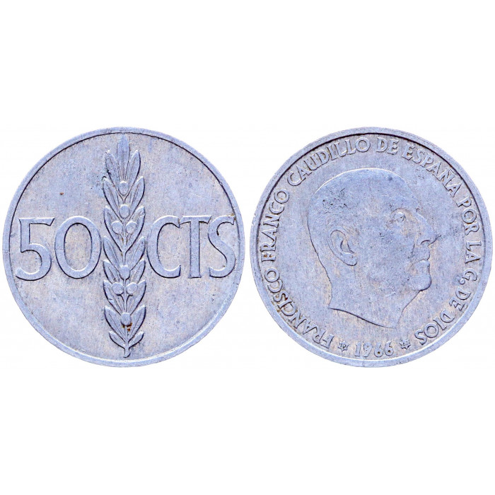 Испания 50 Сентимо 1966 (1967) год KM# 795 Оливковая ветвь Франсиско Франко