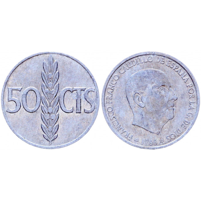 Испания 50 Сентимо 1966 (1967) год KM# 795 Оливковая ветвь Франсиско Франко