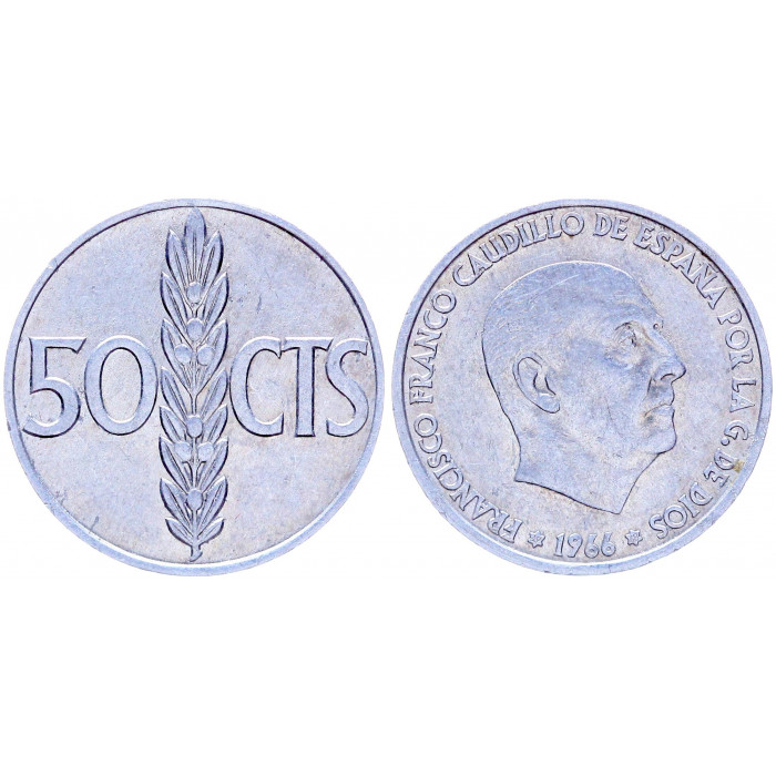 Испания 50 Сентимо 1966 (1968) год KM# 795 Оливковая ветвь Франсиско Франко