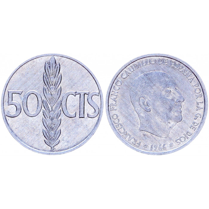 Испания 50 Сентимо 1966 (1975) год KM# 795 Оливковая ветвь Франсиско Франко