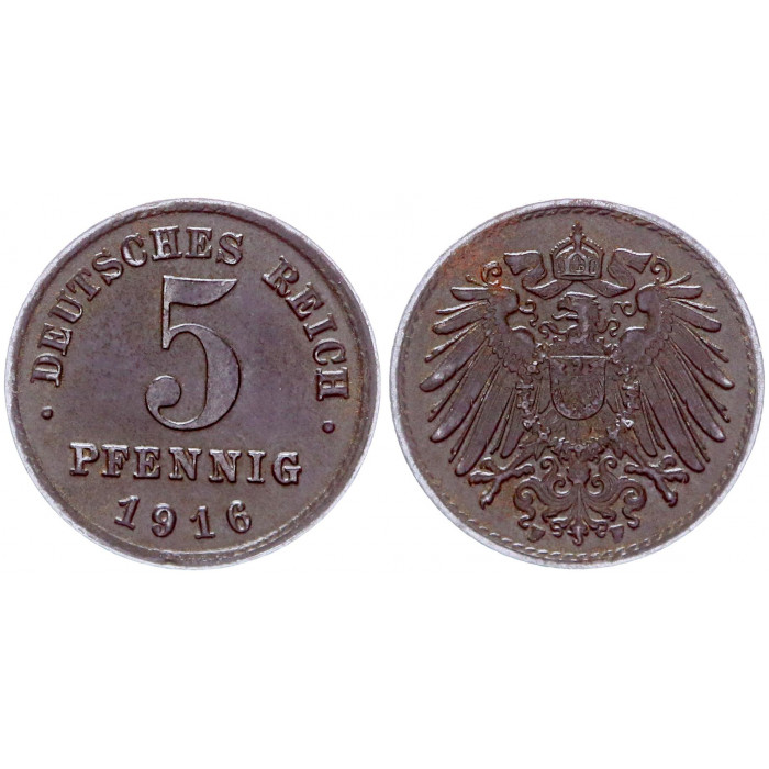 Германия 5 Пфеннигов 1916 F год KM# 19 Штутгарт Германская империя (BOX1221)