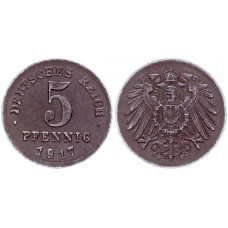 Германия 5 Пфеннигов 1917 F год KM# 19 Штутгарт Германская империя (BOX2003)