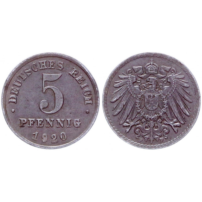 Германия 5 Пфеннигов 1920 F год KM# 19 Штутгарт Германская империя (BOX2020)