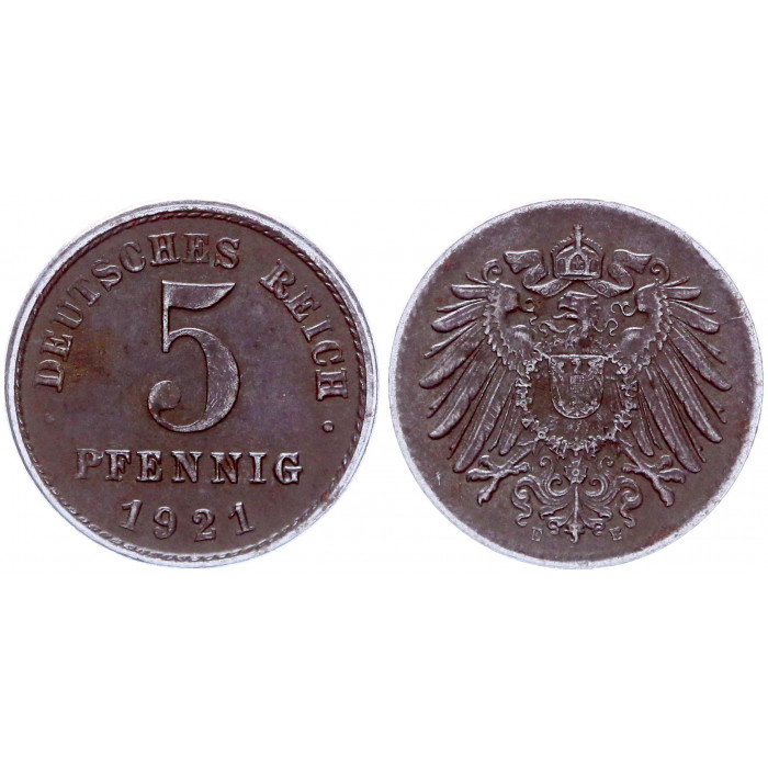 Германия 5 Пфеннигов 1921 E год KM# 19 Мюльденхюттен Германская империя (BOX2024)