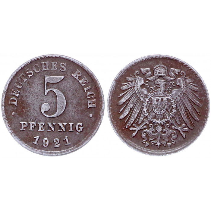 Германия 5 Пфеннигов 1921 F год KM# 19 Штутгарт Германская империя (BOX2025)
